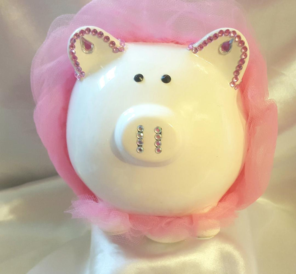 Ceramic Personalized Piggy Bank - Rhinestones, Tulle
