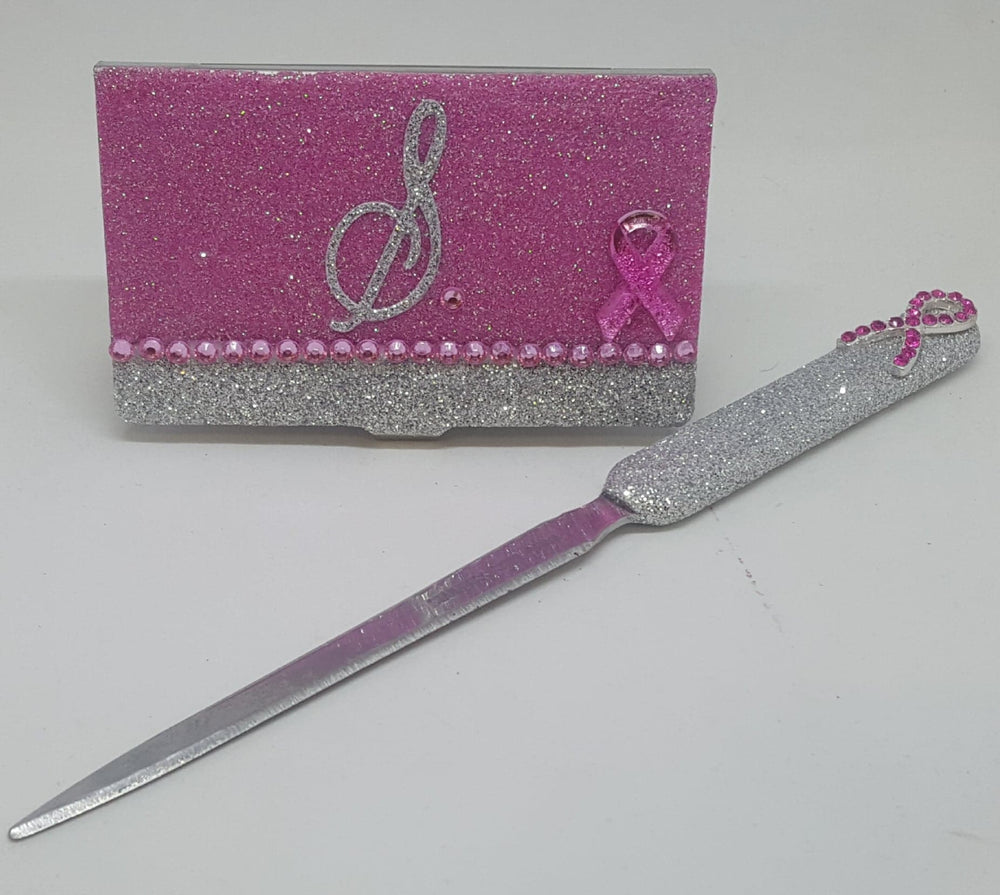 Pink Glitter Rhinestone Biz Card and Letter Opener, Set of 2