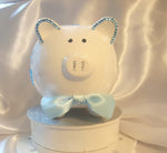 Ceramic Personalized Piggy Bank - Blue Rhinestones/Bow Tie